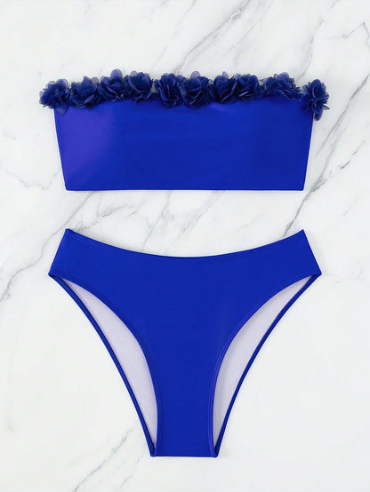 Swim Vcay Women's Solid Color Applique Bandeau Bikini Set, Suitable For Summer Vacation & Pool Strapless Bikini Set