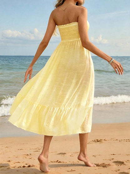 Swim Vcay Women's Solid Color Pleated 2-Way Wear Cover-Up