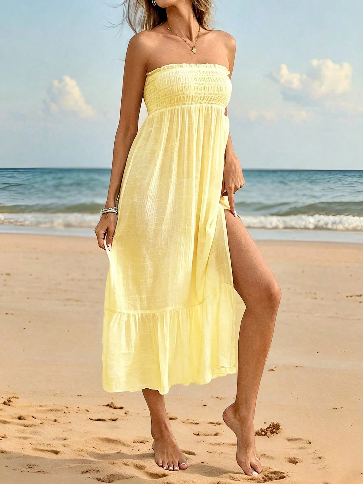 Swim Vcay Women's Solid Color Pleated 2-Way Wear Cover-Up