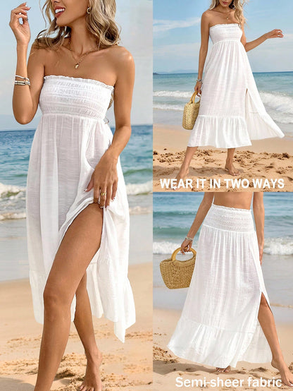 Swim Vcay Women's Solid Color Pleated 2-Way Wear Cover-Up
