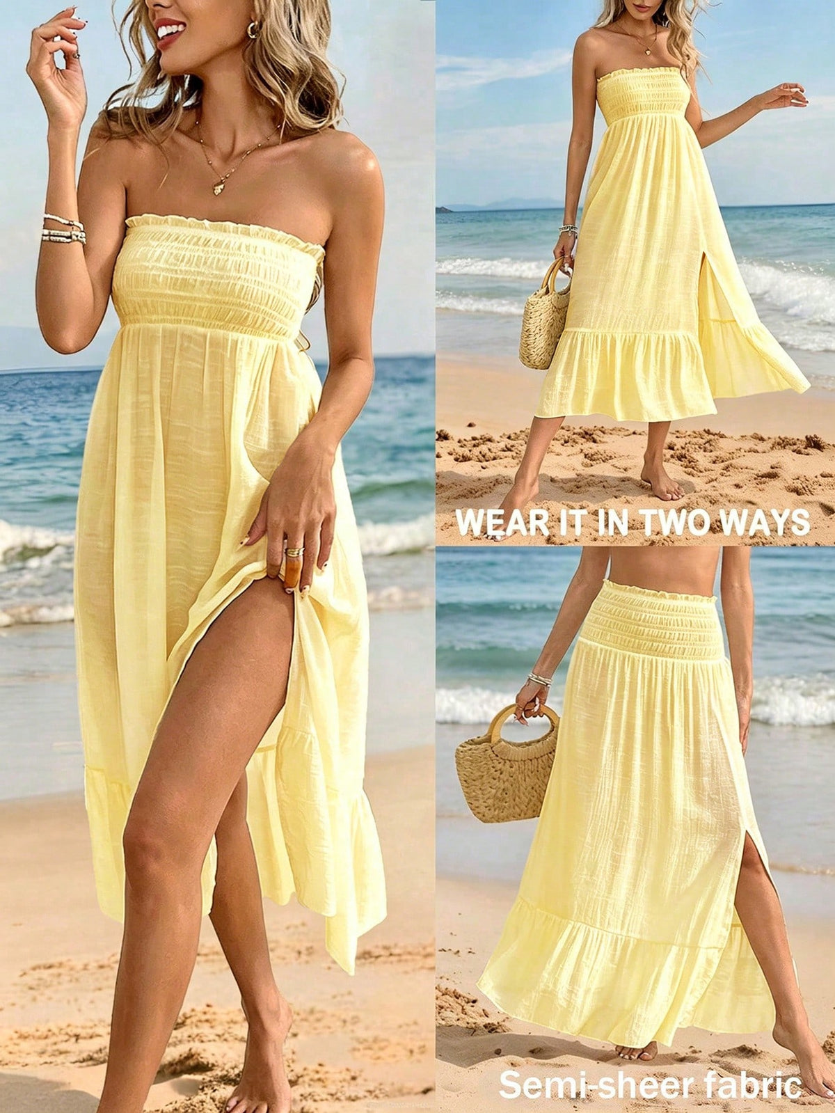 Swim Vcay Women's Solid Color Pleated 2-Way Wear Cover-Up