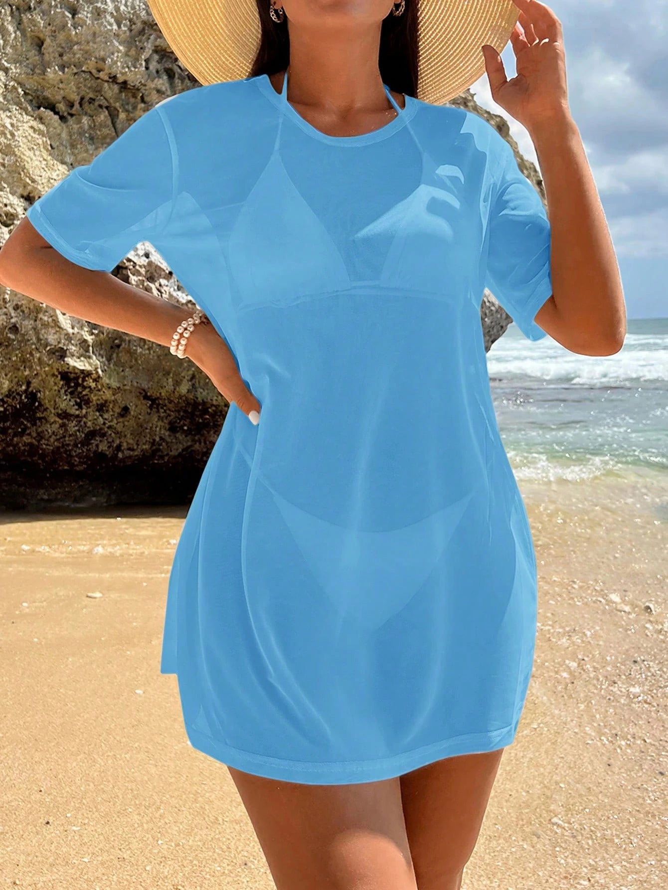 Swim Vcay Women's Solid Color Round Neck Short Sleeve Kaftan Dress, Vacation Wear For Summer For Holiday, Date