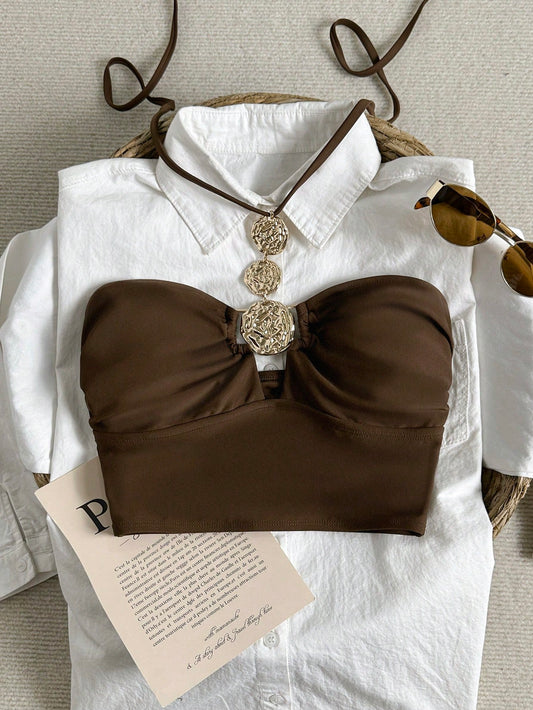 Swim Vcay Women's Summer Beach Vacation Brown Halter Tie Metal Decor Bikini Top, Classy Women Spring