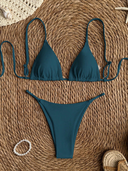 Swim Vcay Women's Teal Summer Elegant Triangle Bikini Set,Solid Color Spaghetti Strap String Swimwear Two Pieces For Beach Party,Holiday,Holiday,Beach