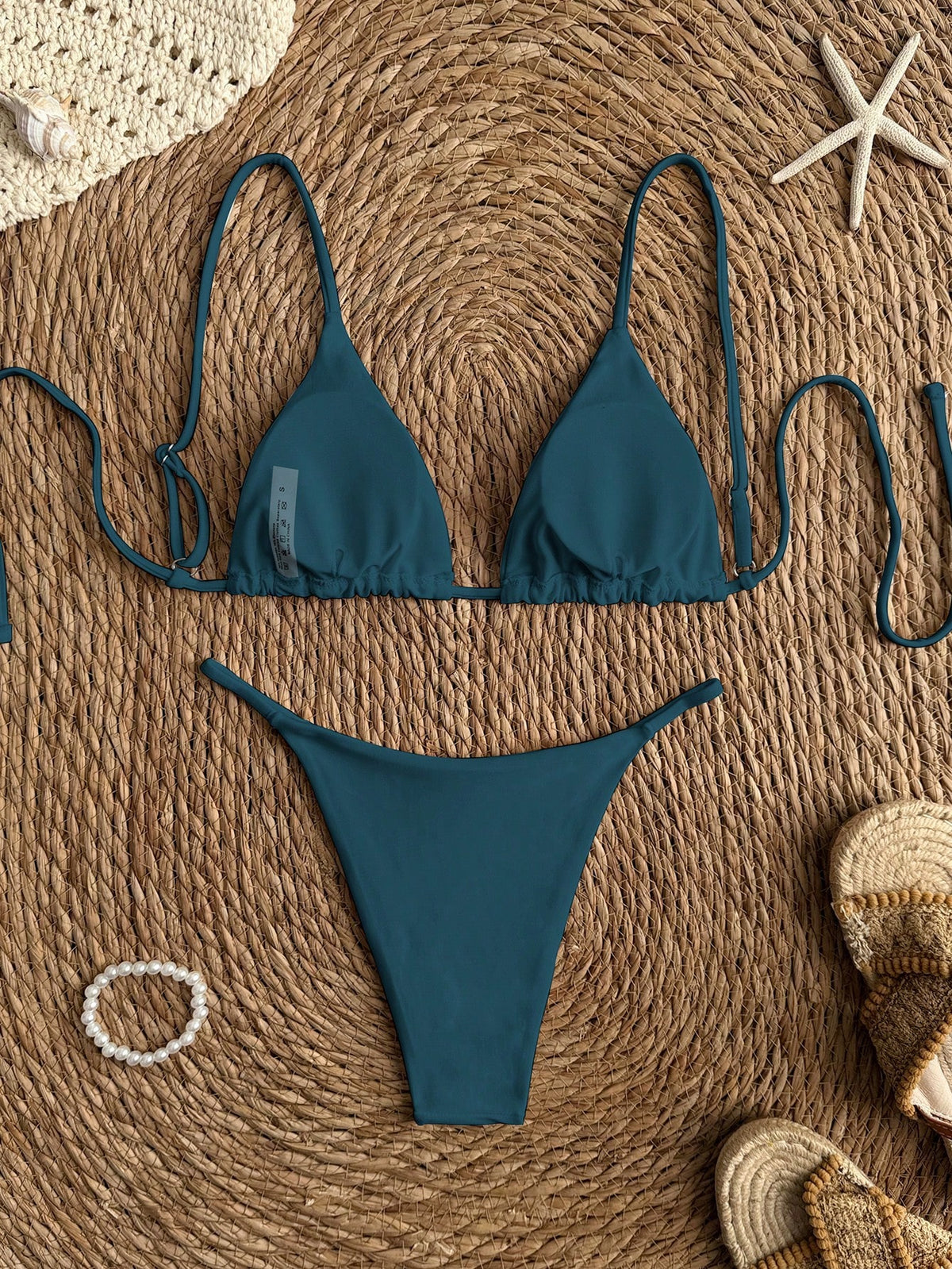 Swim Vcay Women's Teal Summer Elegant Triangle Bikini Set,Solid Color Spaghetti Strap String Swimwear Two Pieces For Beach Party,Holiday,Holiday,Beach