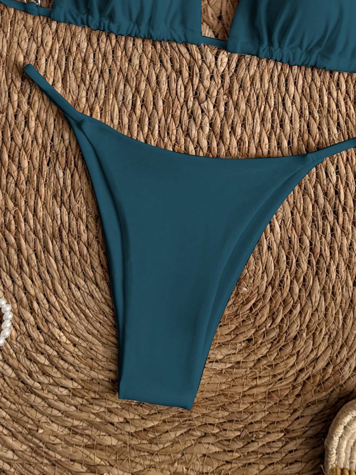 Swim Vcay Women's Teal Summer Elegant Triangle Bikini Set,Solid Color Spaghetti Strap String Swimwear Two Pieces For Beach Party,Holiday,Holiday,Beach