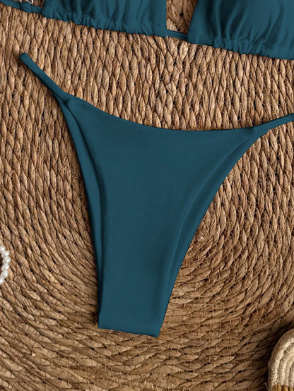 Swim Vcay Women's Teal Summer Elegant Triangle Bikini Set,Solid Color Spaghetti Strap String Swimwear Two Pieces For Beach Party,Holiday,Holiday,Beach