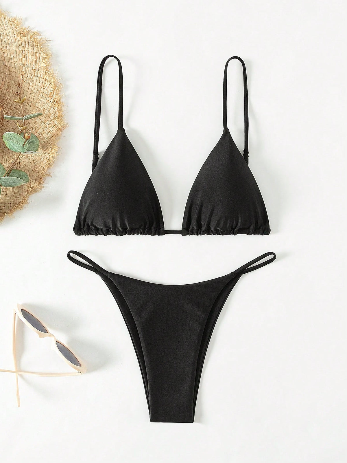 Swim Vcay Women's Teal Summer Elegant Triangle Bikini Set,Solid Color Spaghetti Strap String Swimwear Two Pieces For Beach Party,Holiday,Holiday,Beach
