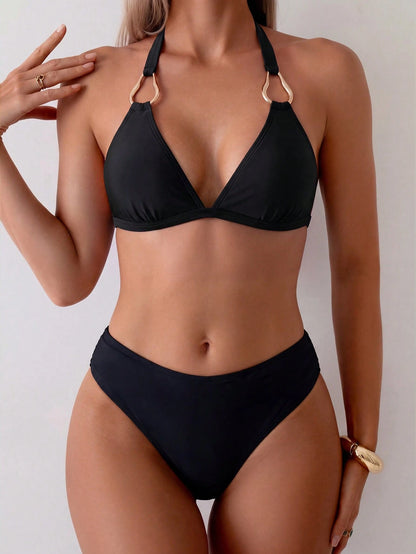 Swim Vcay Women's Two Pieces Solid Color Slimming Halter Metal Ring High-Waisted Triangle Bikini Set Set, Elegant For Beach, Holiday, Party, Valentine's Day