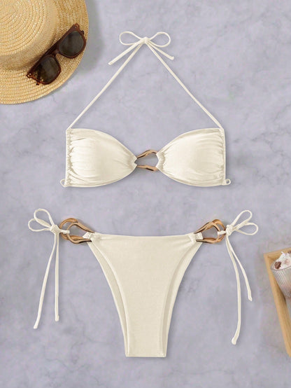 Swim Vcay Women Spring Break Beach Outfits- Sexy Halter Lace Hollow Out Beach Resort Swimsuit Set For Summer Beach Vacation