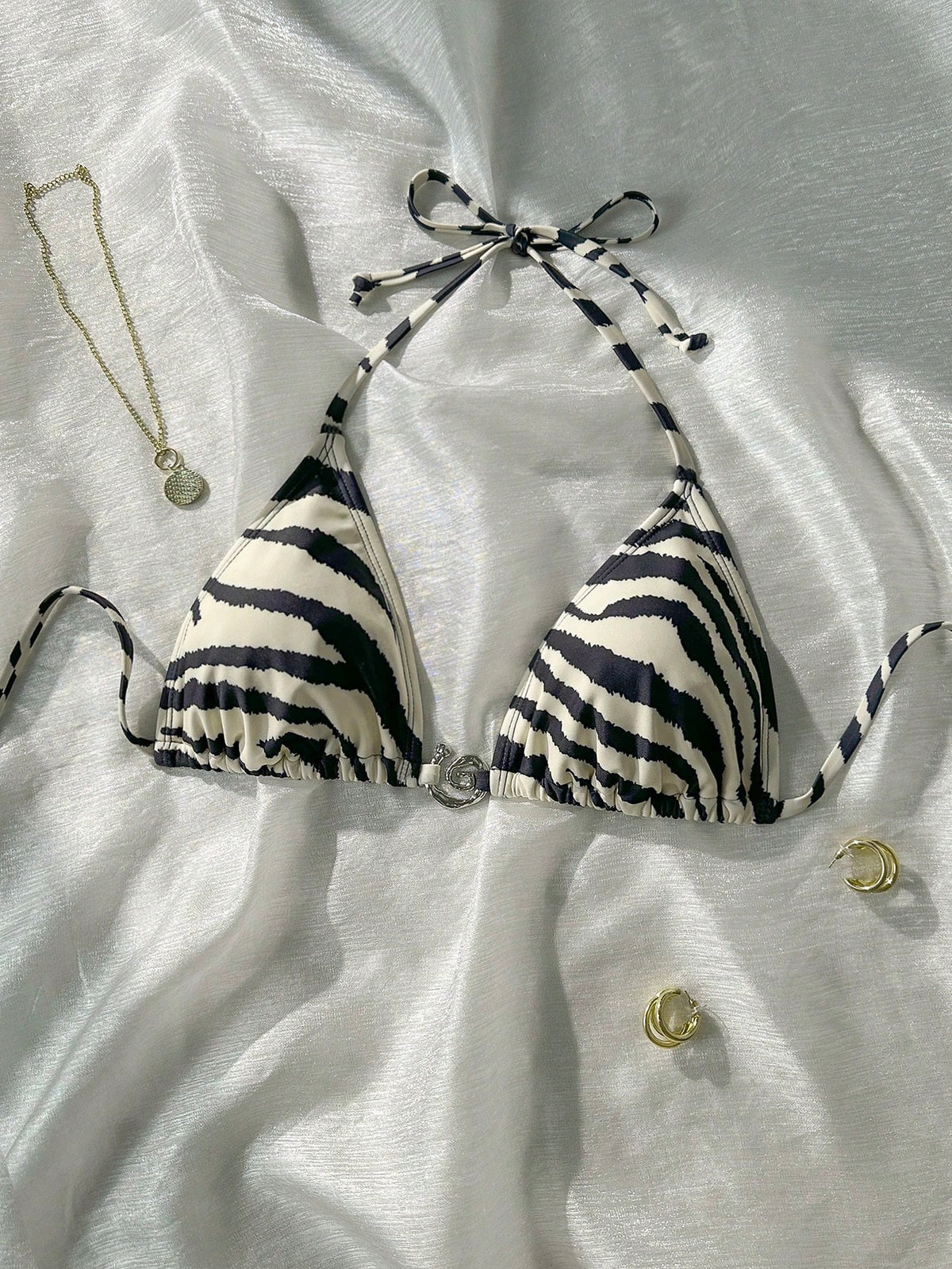 Swim Vcay Zebra Print Metal Decor Bikini Top For Summer Beach Vacation