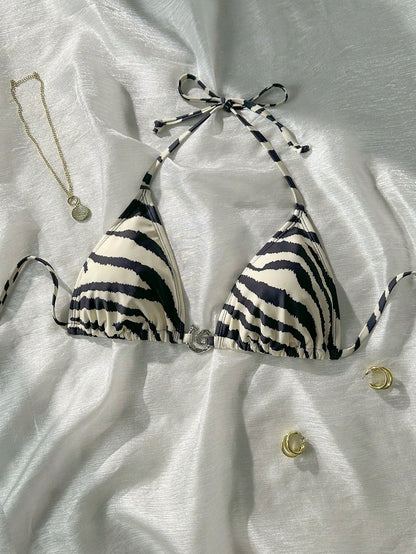 Swim Vcay Zebra Print Metal Decor Bikini Top For Summer Beach Vacation