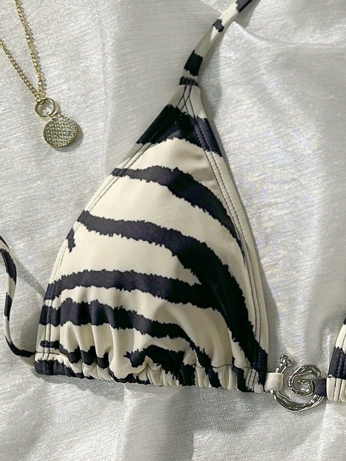 Swim Vcay Zebra Print Metal Decor Bikini Top For Summer Beach Vacation
