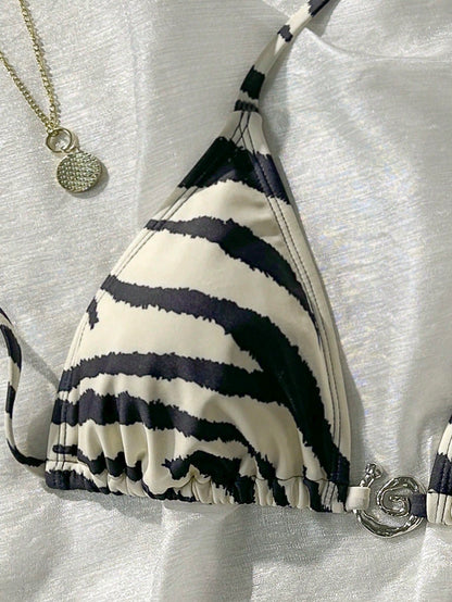 Swim Vcay Zebra Print Metal Decor Bikini Top For Summer Beach Vacation