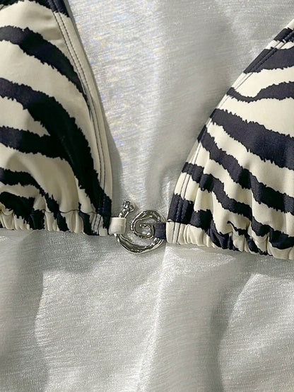 Swim Vcay Zebra Print Metal Decor Bikini Top For Summer Beach Vacation