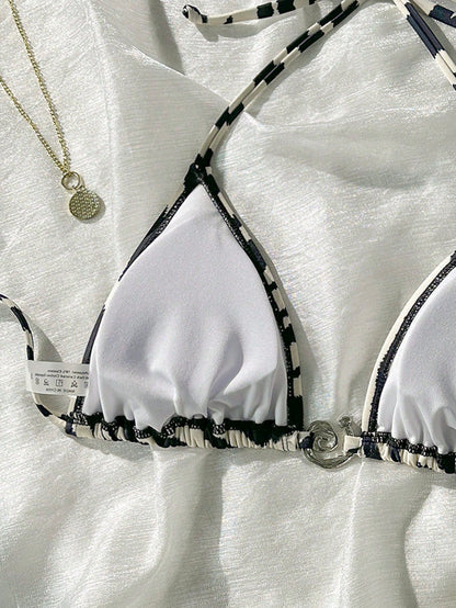 Swim Vcay Zebra Print Metal Decor Bikini Top For Summer Beach Vacation