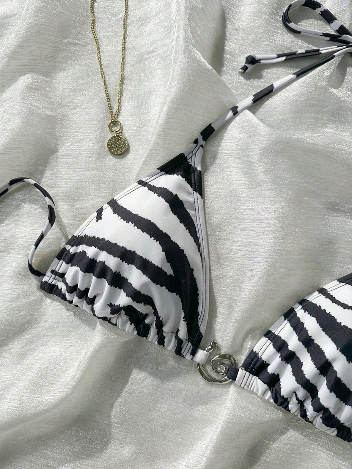 Swim Vcay Zebra Print Metal Decor Bikini Top For Summer Beach Vacation