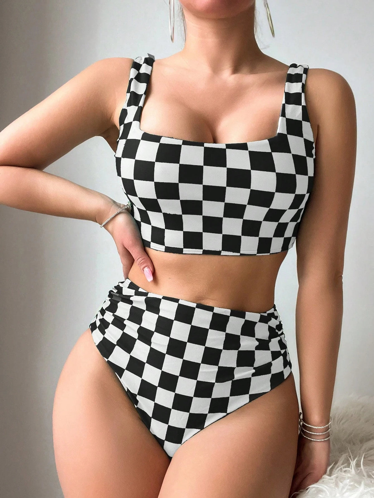 Swim Women Summer Beach Checkered Ruched Wireless Bikini Set, Vacation Bikini Set