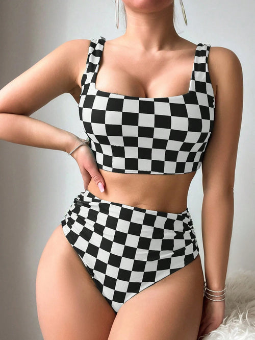 Swim Women Summer Beach Checkered Ruched Wireless Bikini Set, Vacation Bikini Set
