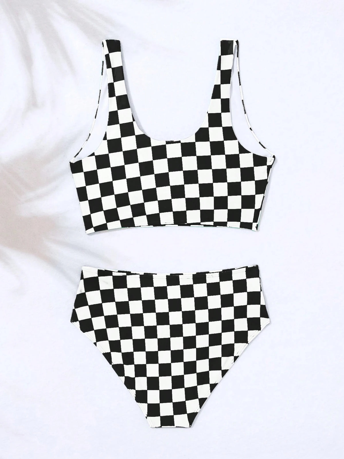 Swim Women Summer Beach Checkered Ruched Wireless Bikini Set, Vacation Bikini Set