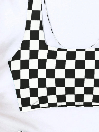 Swim Women Summer Beach Checkered Ruched Wireless Bikini Set, Vacation Bikini Set