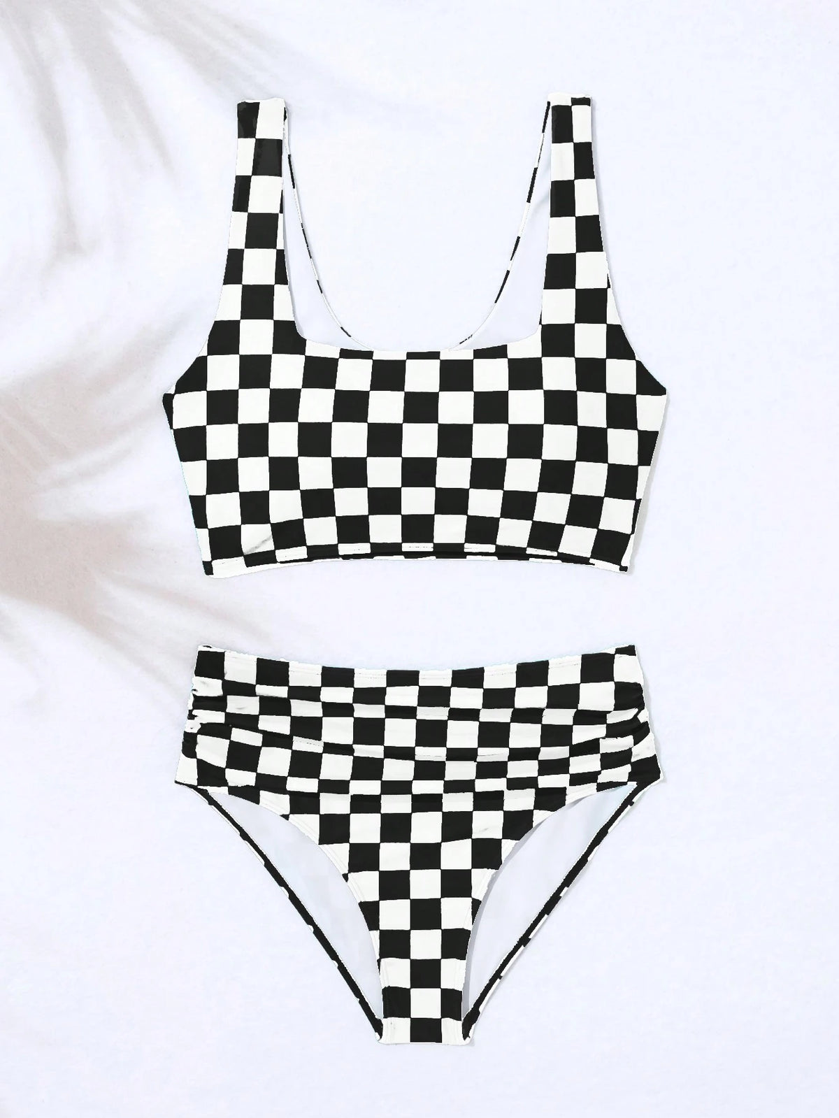 Swim Women Summer Beach Checkered Ruched Wireless Bikini Set, Vacation Bikini Set