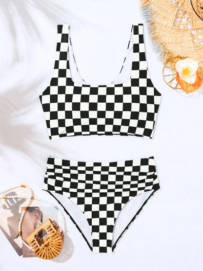 Swim Women Summer Beach Checkered Ruched Wireless Bikini Set, Vacation Bikini Set