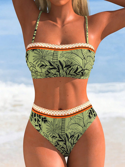SwimNova Summer New Elegant Casual High Elastic Tropical Print Bandeau Bikini Set With Decorative Trim, Beach Vacation Party Outfit