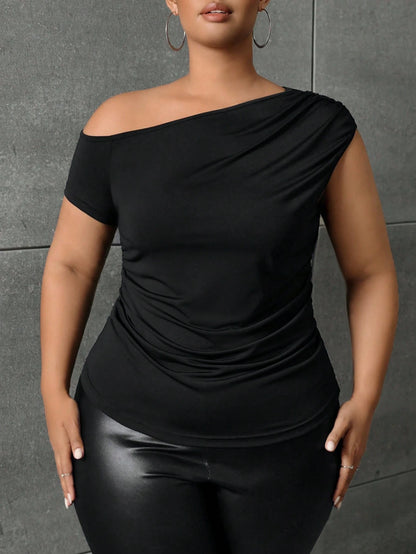 SXY Plus Asymmetrical Neck Ruched Tee