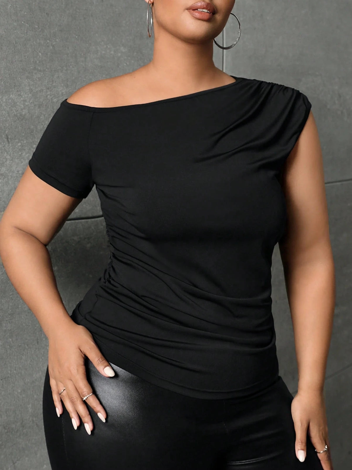 SXY Plus Asymmetrical Neck Ruched Tee