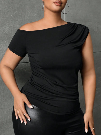 SXY Plus Asymmetrical Neck Ruched Tee