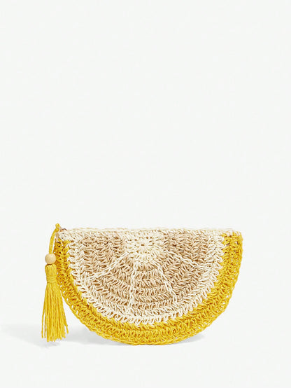 SXY Women Clutch, Straw Bag, Fashionable, Elegant, Simple, Personalized, Versatile, Lemon Shape, For Beach, Vacation, Holiday, Summer, Seaside, Yellow