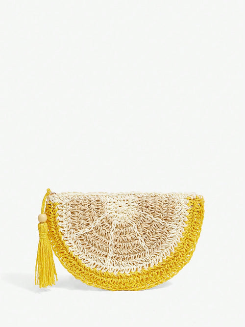 SXY Women Clutch, Straw Bag, Fashionable, Elegant, Simple, Personalized, Versatile, Lemon Shape, For Beach, Vacation, Holiday, Summer, Seaside, Yellow