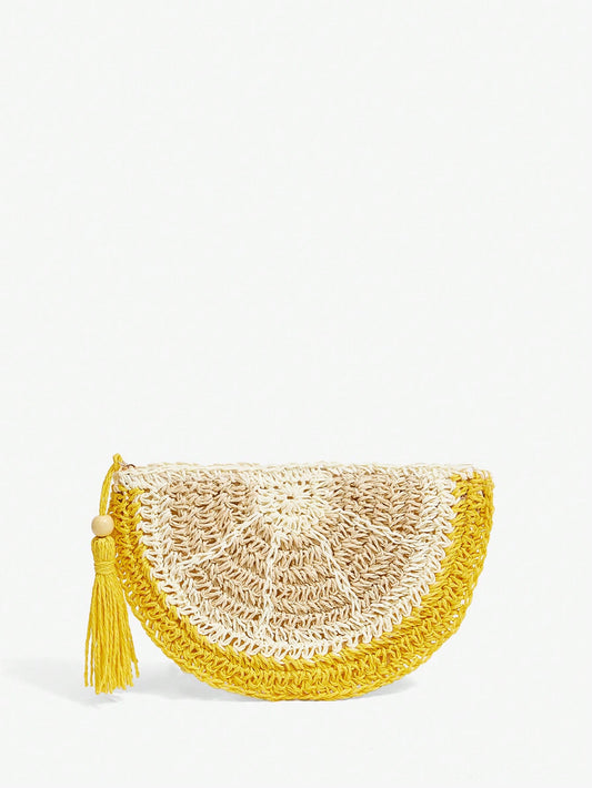 SXY Women Clutch, Straw Bag, Fashionable, Elegant, Simple, Personalized, Versatile, Lemon Shape, For Beach, Vacation, Holiday, Summer, Seaside, Yellow