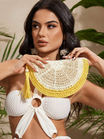 SXY Women Clutch, Straw Bag, Fashionable, Elegant, Simple, Personalized, Versatile, Lemon Shape, For Beach, Vacation, Holiday, Summer, Seaside, Yellow
