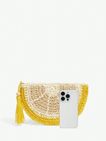 SXY Women Clutch, Straw Bag, Fashionable, Elegant, Simple, Personalized, Versatile, Lemon Shape, For Beach, Vacation, Holiday, Summer, Seaside, Yellow