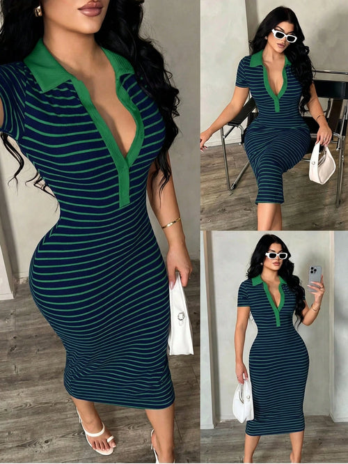SXY Women's Casual Minimalist Fashion Commuter Style Short Sleeve Black & White Striped Polo Dress, Knit High Stretch Fitted Mid-Length French Elegant