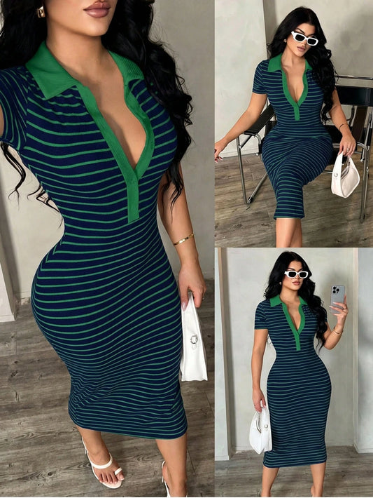 SXY Women's Casual Minimalist Fashion Commuter Style Short Sleeve Black & White Striped Polo Dress, Knit High Stretch Fitted Mid-Length French Elegant