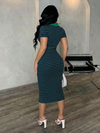 SXY Women's Casual Minimalist Fashion Commuter Style Short Sleeve Black & White Striped Polo Dress, Knit High Stretch Fitted Mid-Length French Elegant