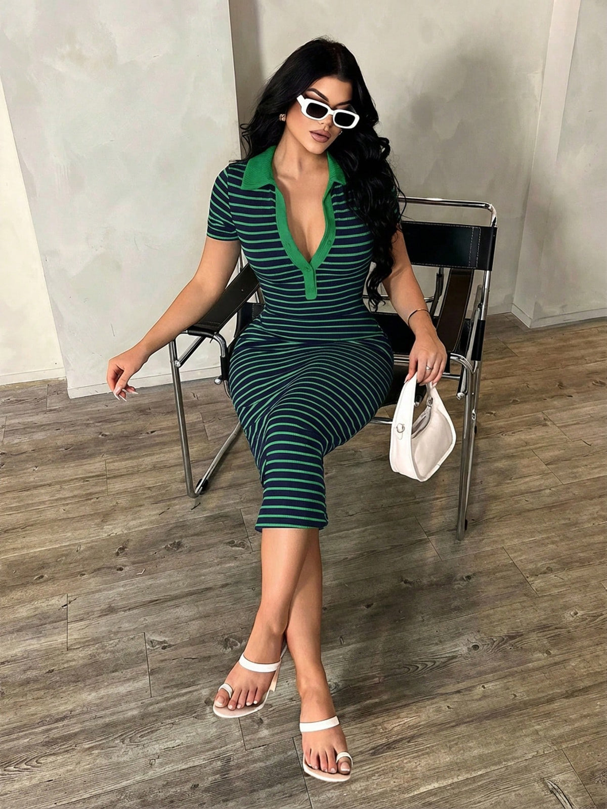 SXY Women's Casual Minimalist Fashion Commuter Style Short Sleeve Black & White Striped Polo Dress, Knit High Stretch Fitted Mid-Length French Elegant