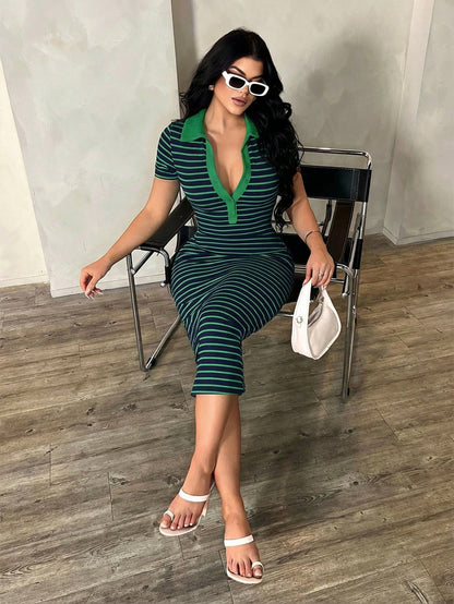 SXY Women's Casual Minimalist Fashion Commuter Style Short Sleeve Black & White Striped Polo Dress, Knit High Stretch Fitted Mid-Length French Elegant