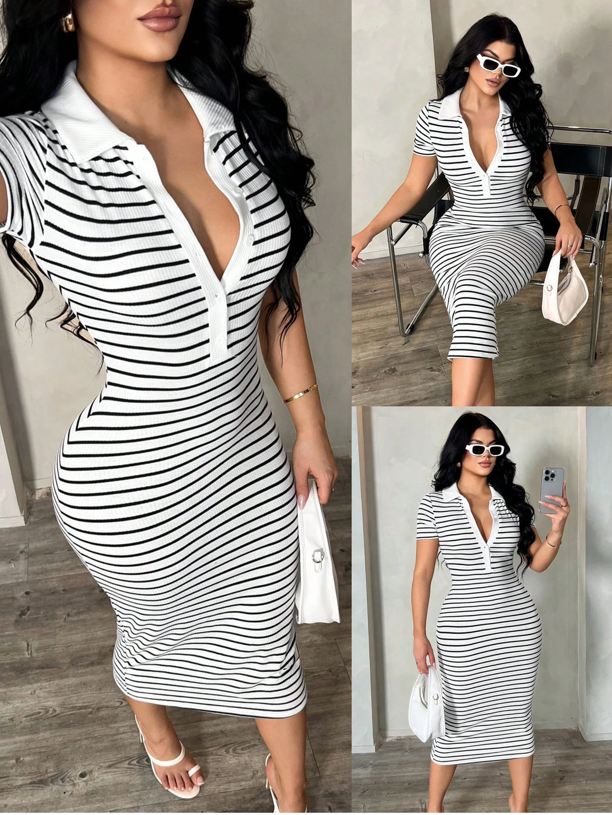 SXY Women's Casual Minimalist Fashion Commuter Style Short Sleeve Black & White Striped Polo Dress, Knit High Stretch Fitted Mid-Length French Elegant