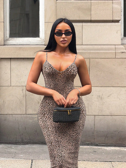 SXY Women's Leopard Print Sexy Date Club Party Spaghetti Strap Dress Brown Summer