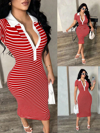 SXY Women's Summer Red And White Stripe Polo Dress,Knit High Stretch Short Sleeve Bodycon Midi Dress,French Elegant City Break Cow Boy Commuter Fashion