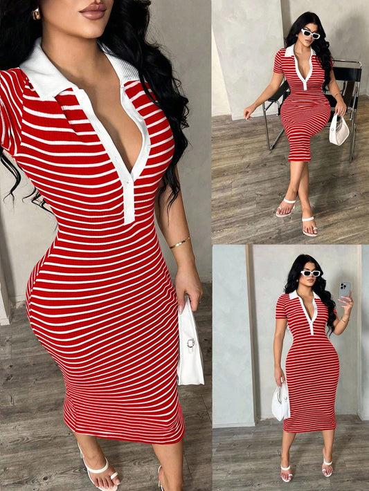 SXY Women's Summer Red And White Stripe Polo Dress,Knit High Stretch Short Sleeve Bodycon Midi Dress,French Elegant City Break Cow Boy Commuter Fashion