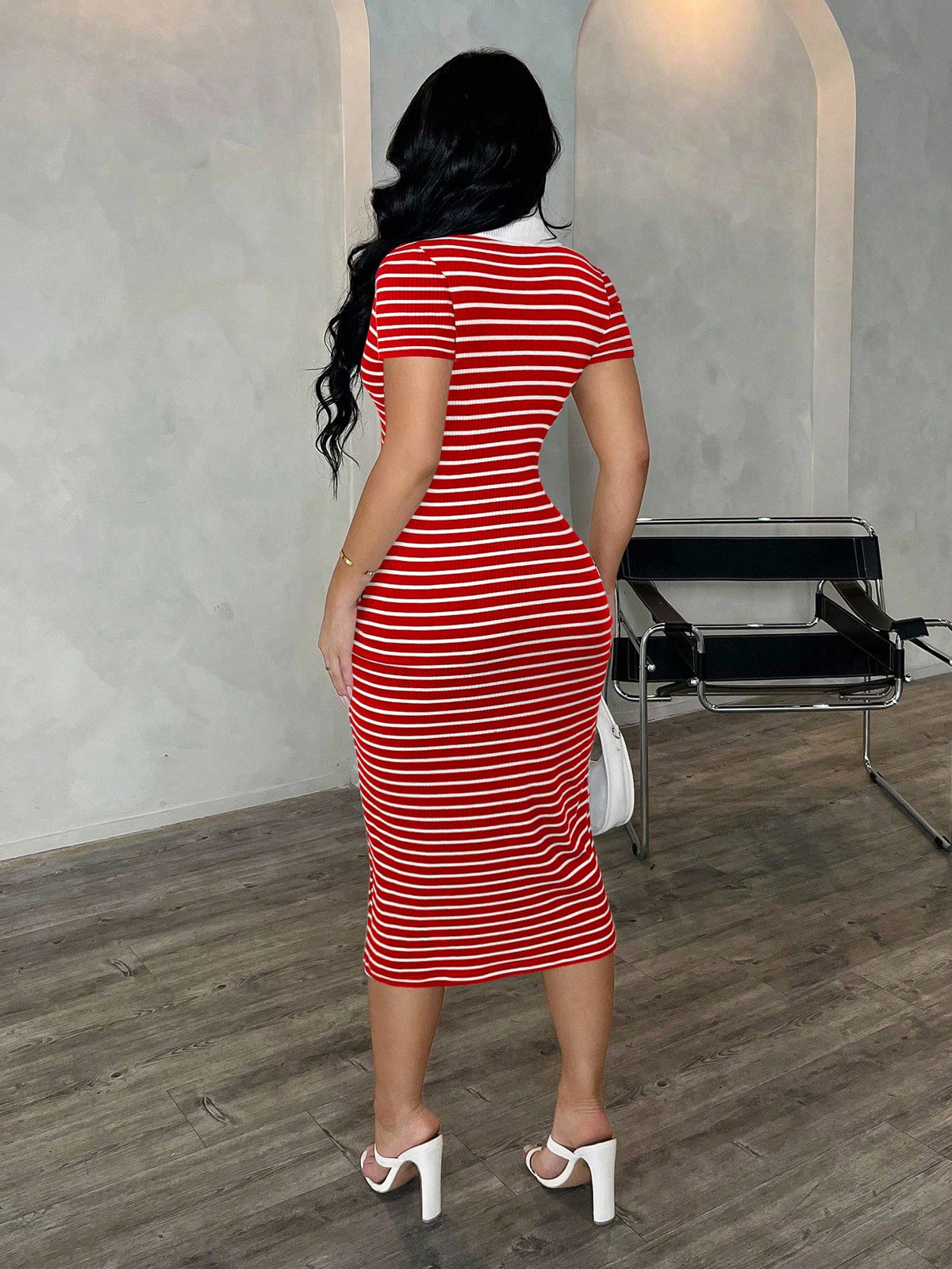 SXY Women's Summer Red And White Stripe Polo Dress,Knit High Stretch Short Sleeve Bodycon Midi Dress,French Elegant City Break Cow Boy Commuter Fashion