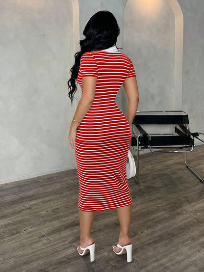 SXY Women's Summer Red And White Stripe Polo Dress,Knit High Stretch Short Sleeve Bodycon Midi Dress,French Elegant City Break Cow Boy Commuter Fashion
