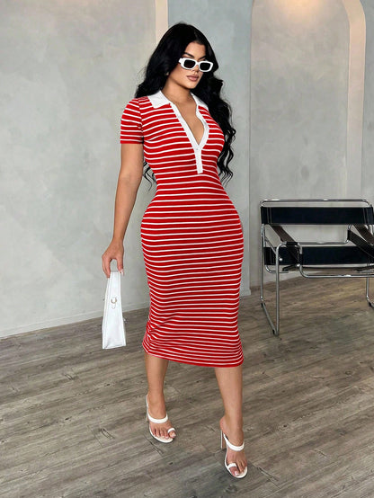 SXY Women's Summer Red And White Stripe Polo Dress,Knit High Stretch Short Sleeve Bodycon Midi Dress,French Elegant City Break Cow Boy Commuter Fashion