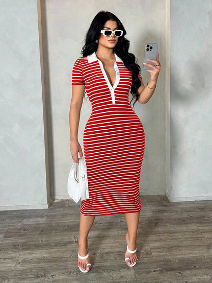 SXY Women's Summer Red And White Stripe Polo Dress,Knit High Stretch Short Sleeve Bodycon Midi Dress,French Elegant City Break Cow Boy Commuter Fashion
