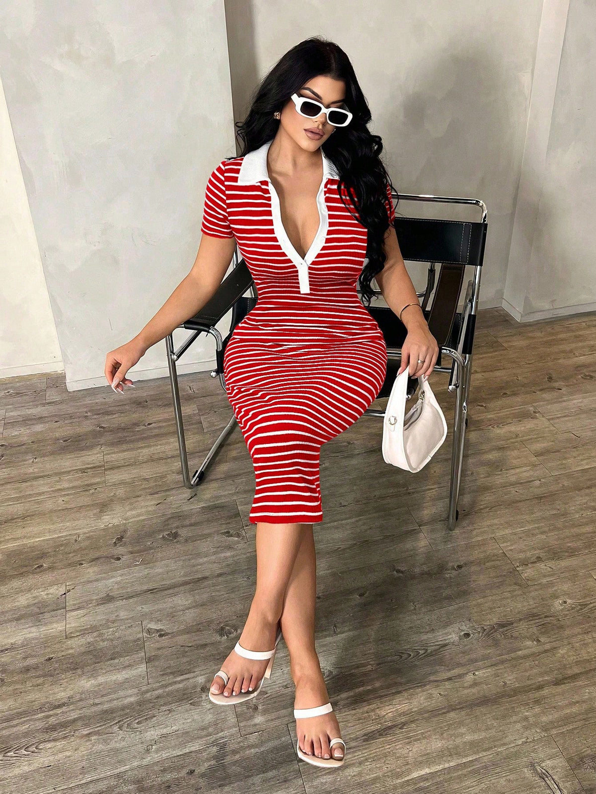 SXY Women's Summer Red And White Stripe Polo Dress,Knit High Stretch Short Sleeve Bodycon Midi Dress,French Elegant City Break Cow Boy Commuter Fashion